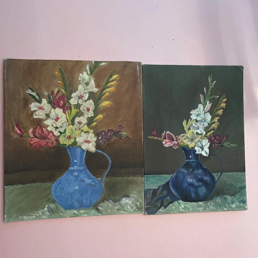 Pair of Vintage Floral Paintings on Canvas Boards